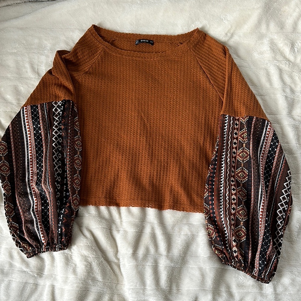 SHEIN Brown Puff Sleeve Ribbed Crop Blouse